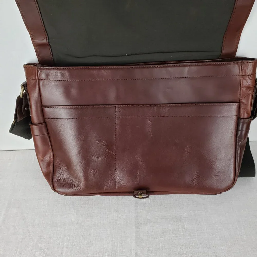 J Crew Cognac Brown Leather Messenger Bag Postal Briefcase Crossbody Satchel